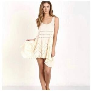 Free People Voile Lace Mini Slip Dress Tunic XS Trapeze Ruffle Polka Dot Cream